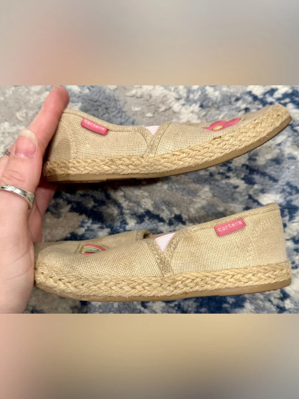 Carter's Beige Canvas Slip-On Shoes with Pink Flower & Rainbow Accent